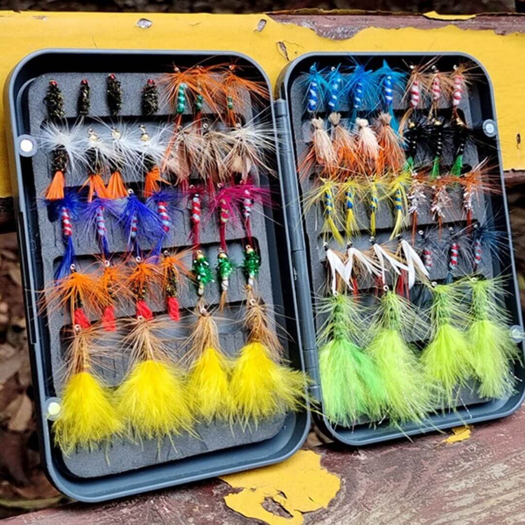 64pcs Fly Assortment | Woolly Buggers, Dry Flies & Nymphs with Waterproof Box - RIVFLY