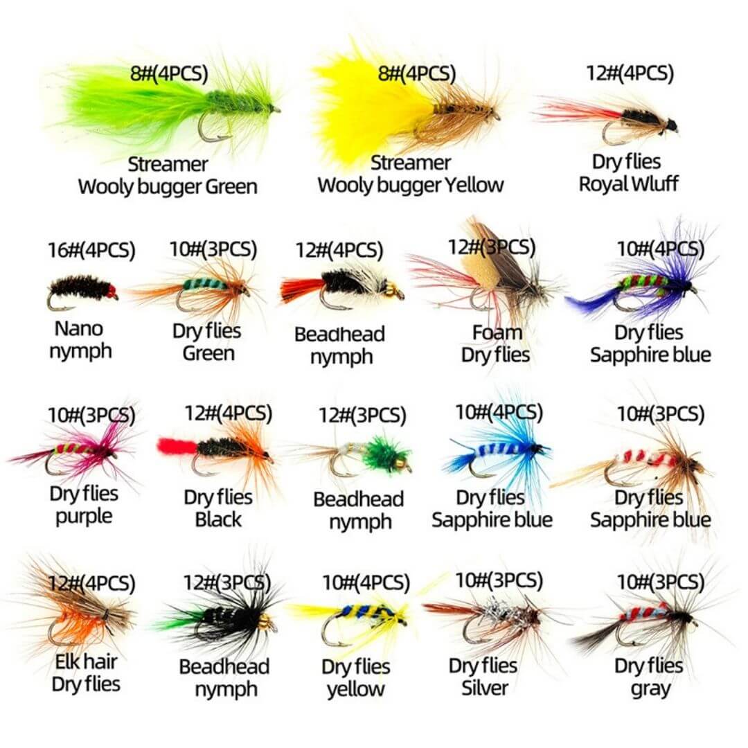 64pcs Fly Assortment | Woolly Buggers, Dry Flies & Nymphs with Waterproof Box - RIVFLY