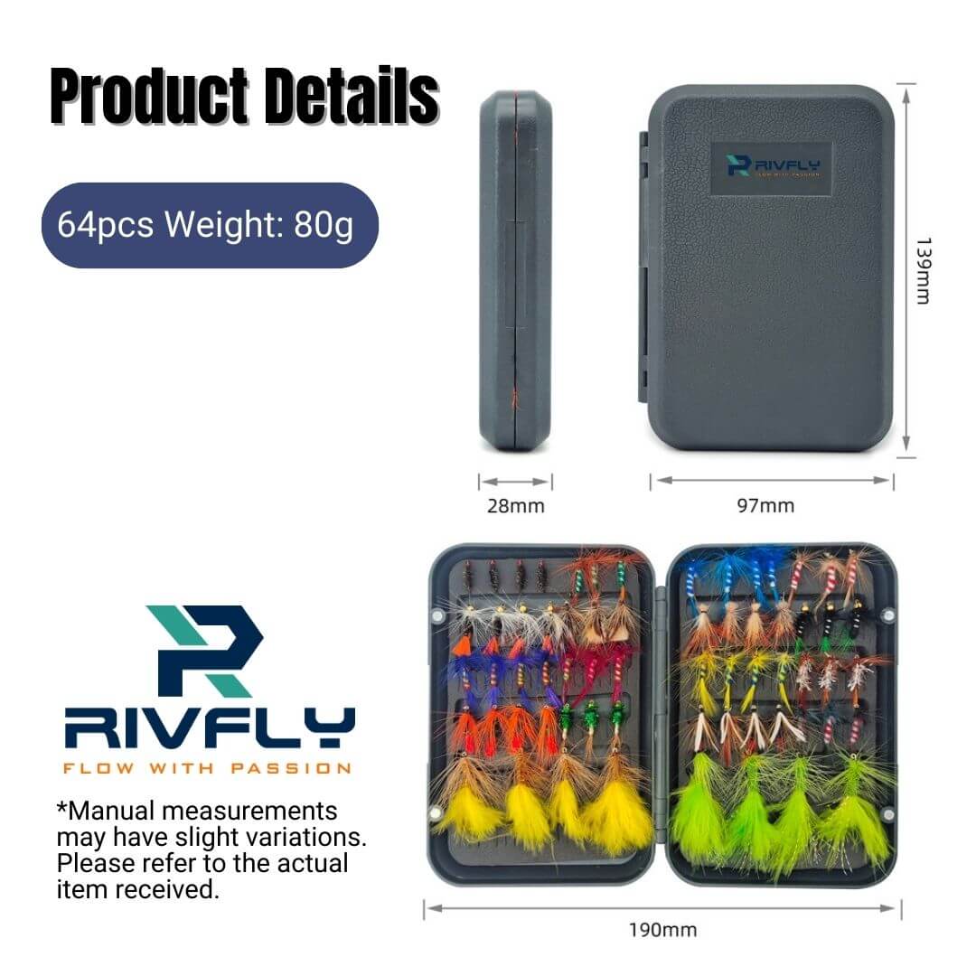 64pcs Fly Assortment | Woolly Buggers, Dry Flies & Nymphs with Waterproof Box - RIVFLY