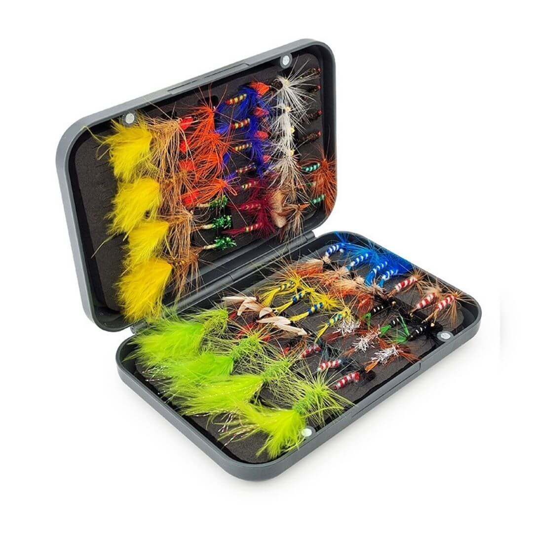 64pcs Fly Assortment | Woolly Buggers, Dry Flies & Nymphs with Waterproof Box - RIVFLY