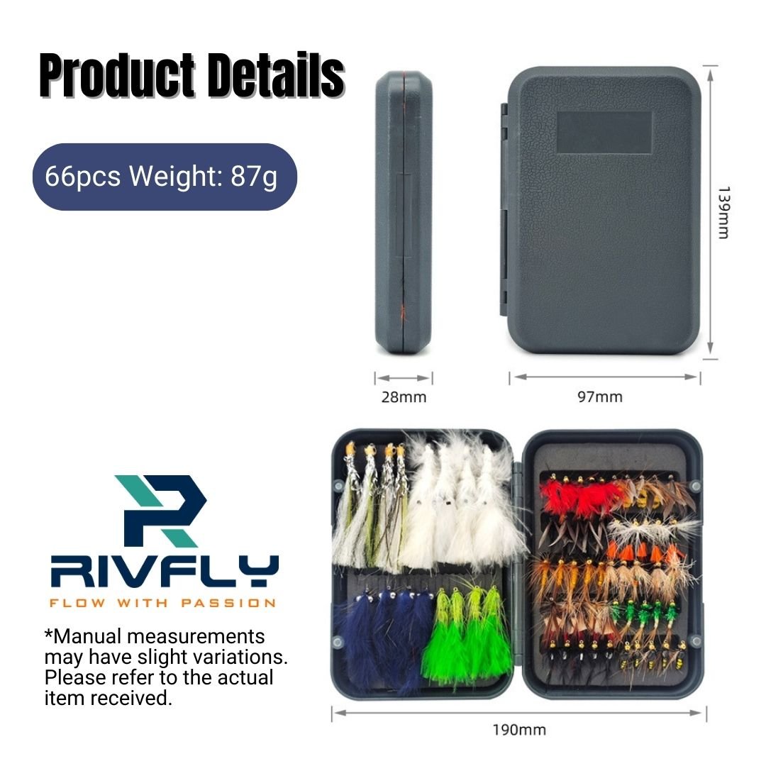 66pcs Universal Angler Fly Assortment | Bass, Trout, Streamer & Nymph Kit with Box - RIVFLY