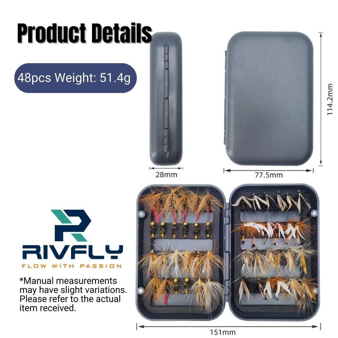 Essential 48pcs Trout Fly Assortment | Dry Flies & Nymphs with Waterproof Fly Box - RIVFLY