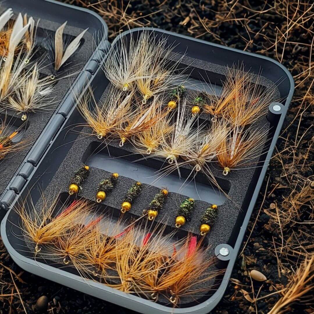 Essential 48pcs Trout Fly Assortment | Dry Flies & Nymphs with Waterproof Fly Box - RIVFLY