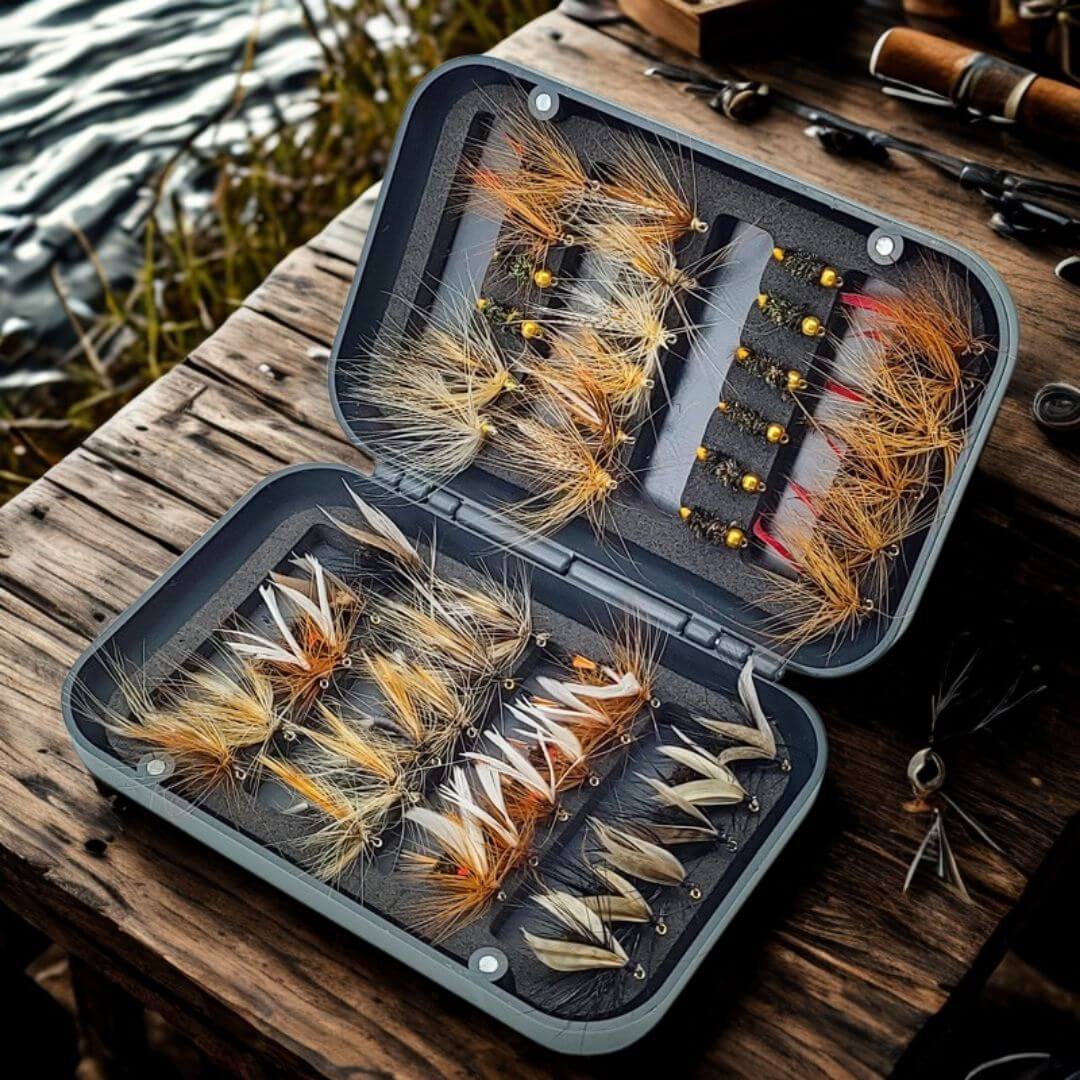 Essential 48pcs Trout Fly Assortment | Dry Flies & Nymphs with Waterproof Fly Box - RIVFLY
