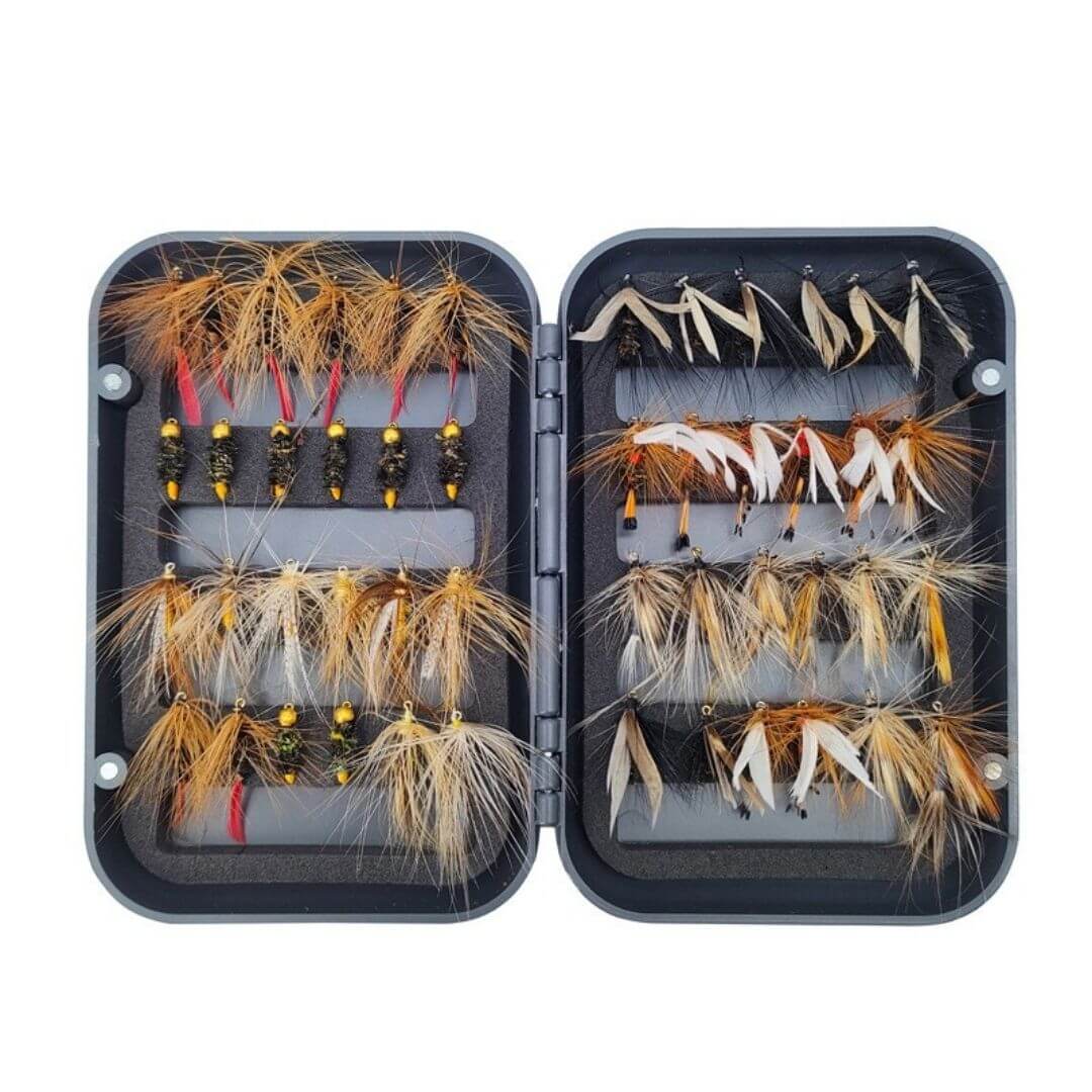 Essential 48pcs Trout Fly Assortment | Dry Flies & Nymphs with Waterproof Fly Box - RIVFLY
