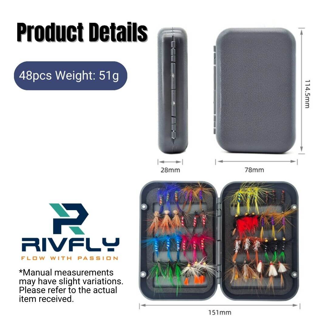 The Ultimate 48pcs Trout Fly Assortment | Essential Dry Flies & Nymphs with Fly Box - RIVFLY