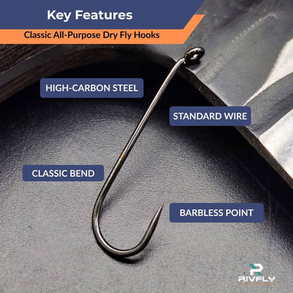 Rivfly Classic All - Purpose Dry Fly Hooks | Barbless Fly Tying Hooks - RIVFLY