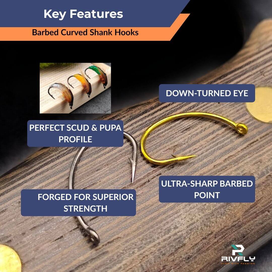 Rivfly Forged Scud & Pupa Hooks | Barbed Curved Shank Fly Tying Hooks - RIVFLY