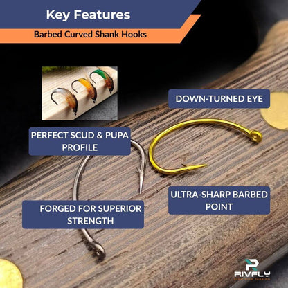 Rivfly Forged Scud & Pupa Hooks | Barbed Curved Shank Fly Tying Hooks - RIVFLY