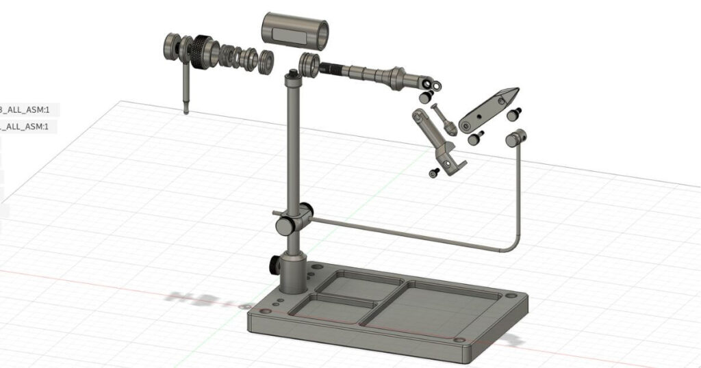 Alt: Rivfly TR Series fly tying vise exploded CAD view — showing 40CrMo parallel jaw, dual precision bearings, 6061 aluminum base with magnetic hook tray, and quick-change components