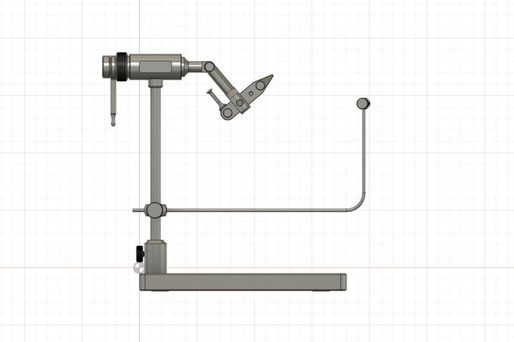 Rivfly TR Series: Engineering a True Rotary Fly Tying Vise Alt: Rivfly TR Series fly tying vise front view — stainless steel post, dual-bearing rotation arm, rear drag knob, and integrated bobbin cradle