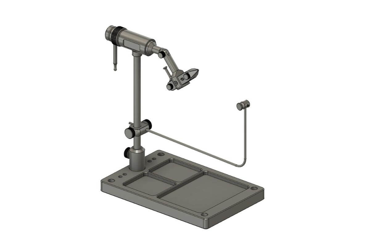 Essential Fly Tying Tools for Beginners Alt: Rivfly TR Series true rotary fly tying vise — full assembly CAD render showing pedestal base, adjustable cantilever arm, parallel jaw, and bobbin rest