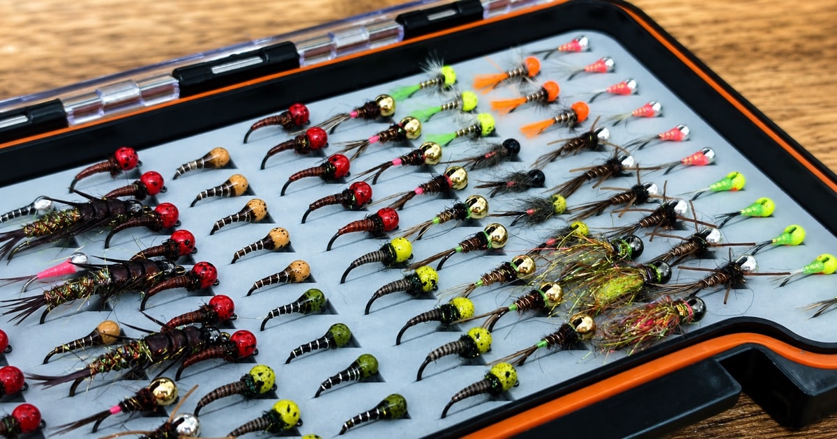 A fly box filled with Perdigon, Frenchie and other Euro nymph patterns