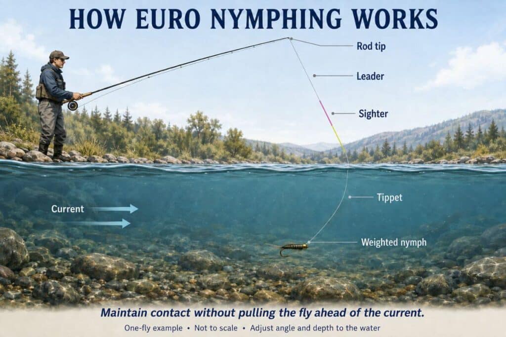 Euro nymphing diagram showing the rod tip, leader, sighter above the water, and tippet connected to a single weighted nymph.