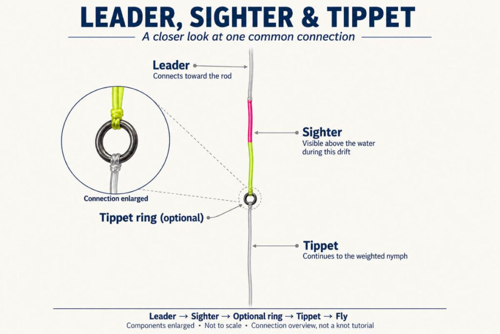 Close-up diagram showing the leader, two-color sighter, optional tippet ring, and clear tippet connection.