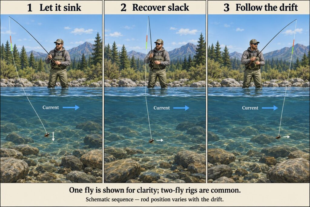 Three stages of a Euro nymphing drift: letting the fly sink, recovering slack, and following the drift.