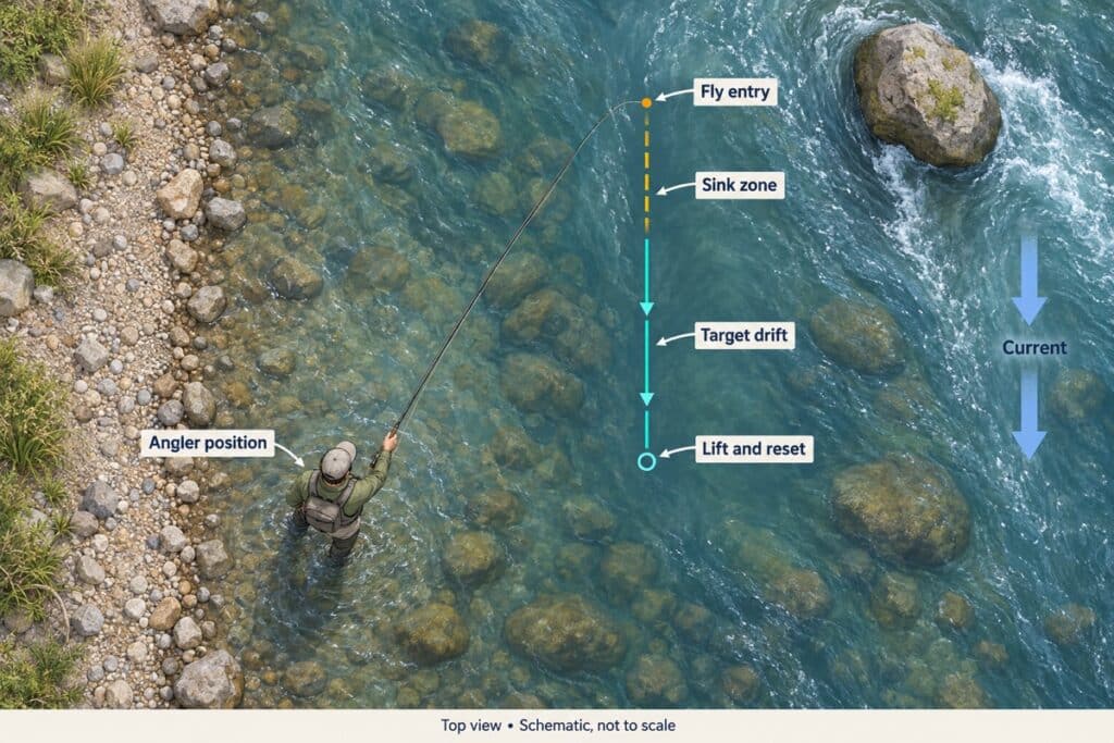 Overhead Euro nymphing diagram showing angler position, upstream fly entry, sink zone, and target drift.